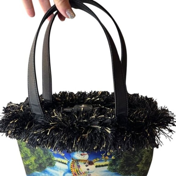 Festive Snowman Winter Handbag With Black Fringe & Dual Handles - Picture 5 of 10